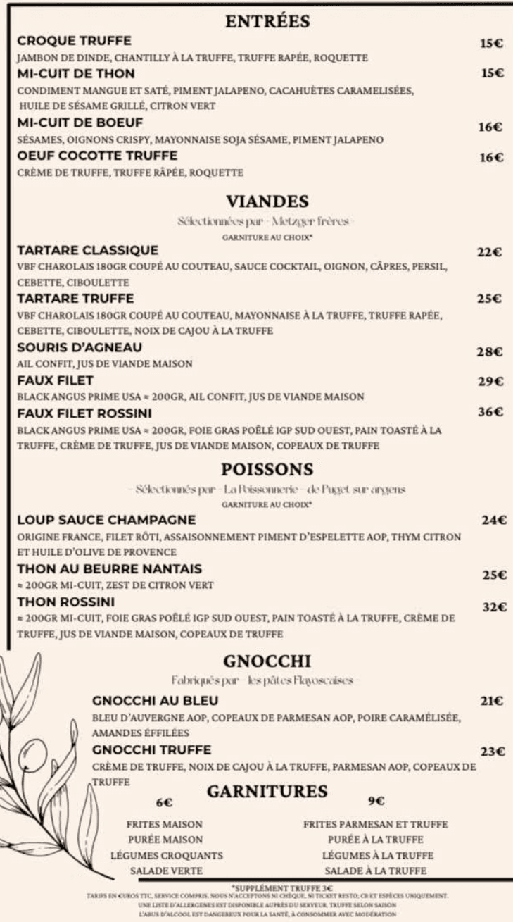 Carte des entrées, viandes, poissons et gnocchi