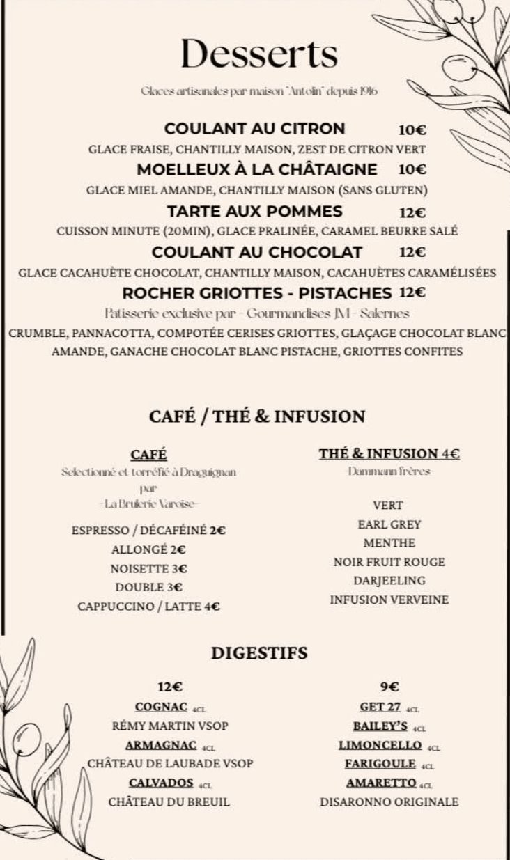 Carte des desserts, cafés et digestifs